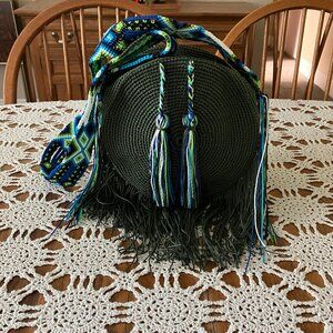 Mexican Greens & Blues Hand Knit Strap Colorful Mexican Boho-Hippie Round Bag